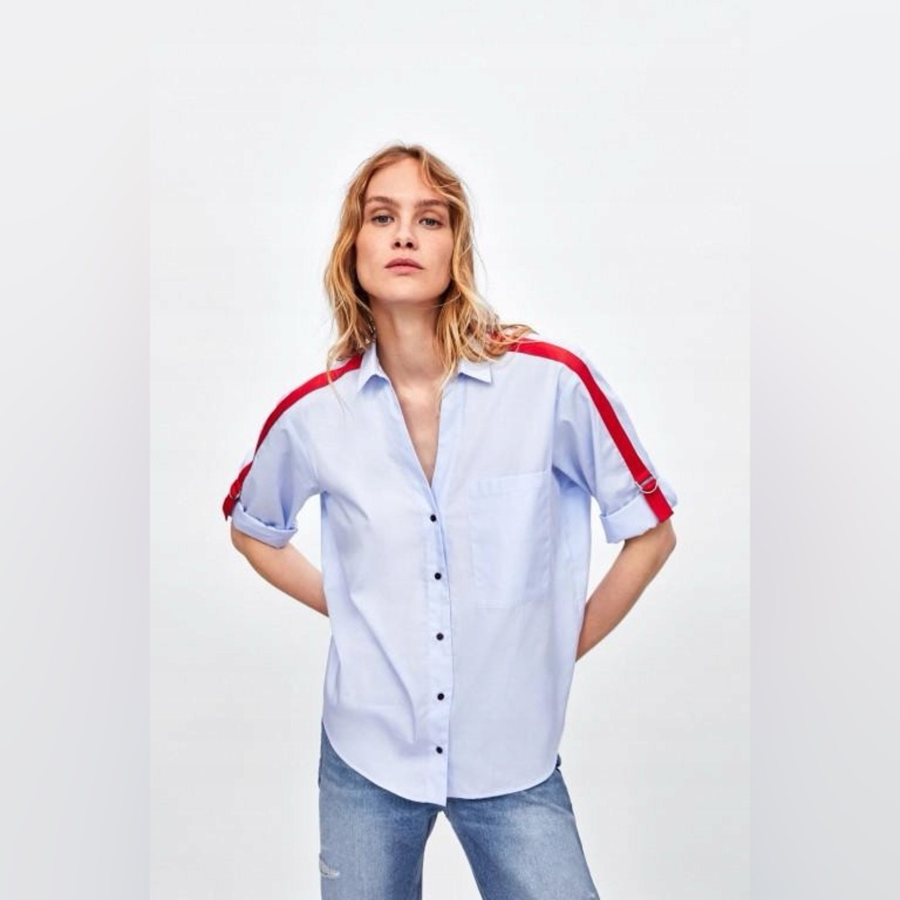 Zara Women top size XS with button fastening and rolled up sleeves baby blue